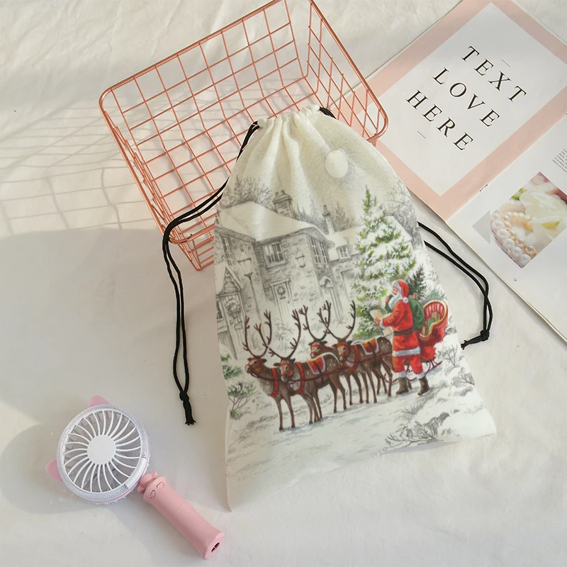 

The gift pocket Merry christmas Printing bag Christmas present Drawstring Bags Women Multi-style Travel Backpack