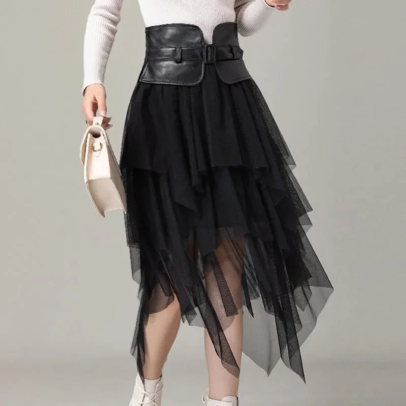 Genuine Leather Girdle Tulle Skirts Womens Irregular Fashion Korean Elastic High Waist Mesh Tutu Skirt Sexy Midi Skirt for Women