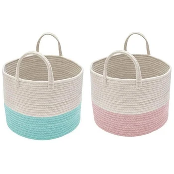 

2x Storage Baskets Cotton Rope Basket Woven Baby Laundry Basket Sofa Throws Pillows Towels Toys with Handles Pink & Blue