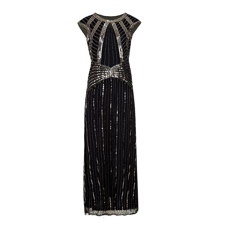 Black Gold Dress Женские 1920s в бусинах и пайетках геометрический узор Макси Длинный Хлопушка в стиле Гэтсби платье - Цвет: Black Gold Dress