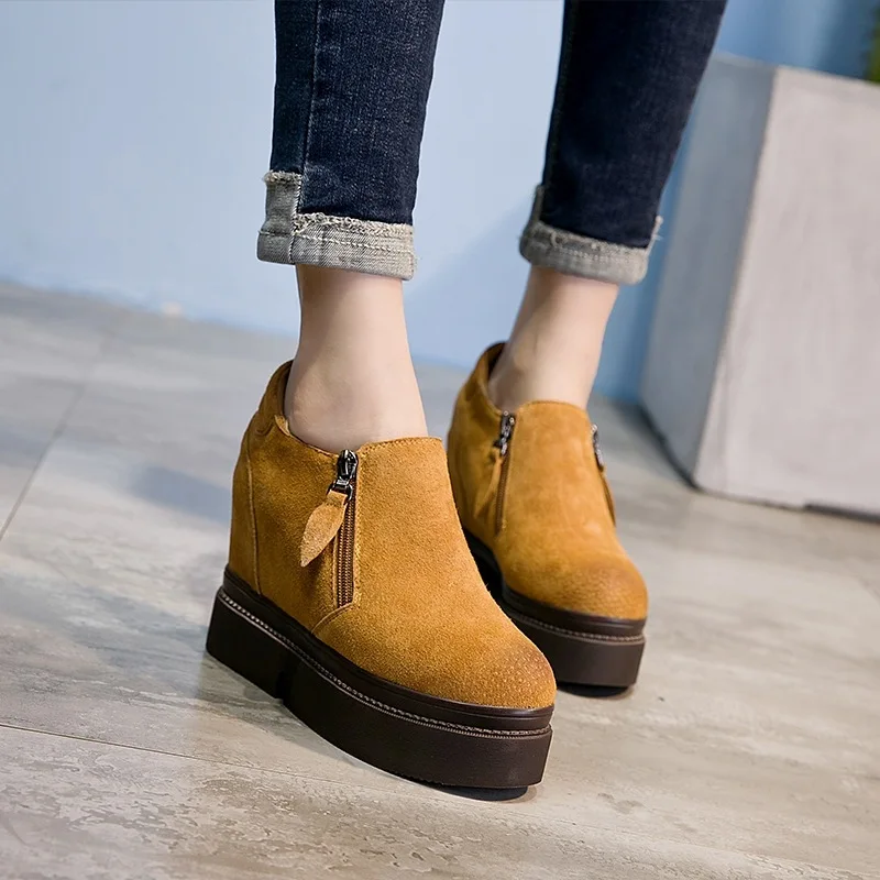 

2019 Waterproof New Products Genuine Leather Elevator Shoes Zipper round-Toe Spring Intra-Platform Women's Singles 10cm No Natur