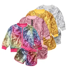 Модный комплект одежды из 2 предметов с блестками для девочек тонкая куртка на молнии для детей ясельного возраста топы+ шорты на шнуровке Великолепная детская одежда От 1 до 6 лет