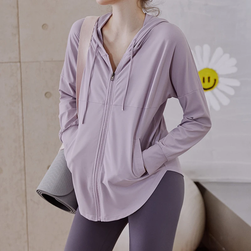 

Summer Women Sport Jacket Thin Loose Zipper Yoga Coat Sun-Protective Clothes Top Fitness Running Hoodies Gym Workout Sweatshirts