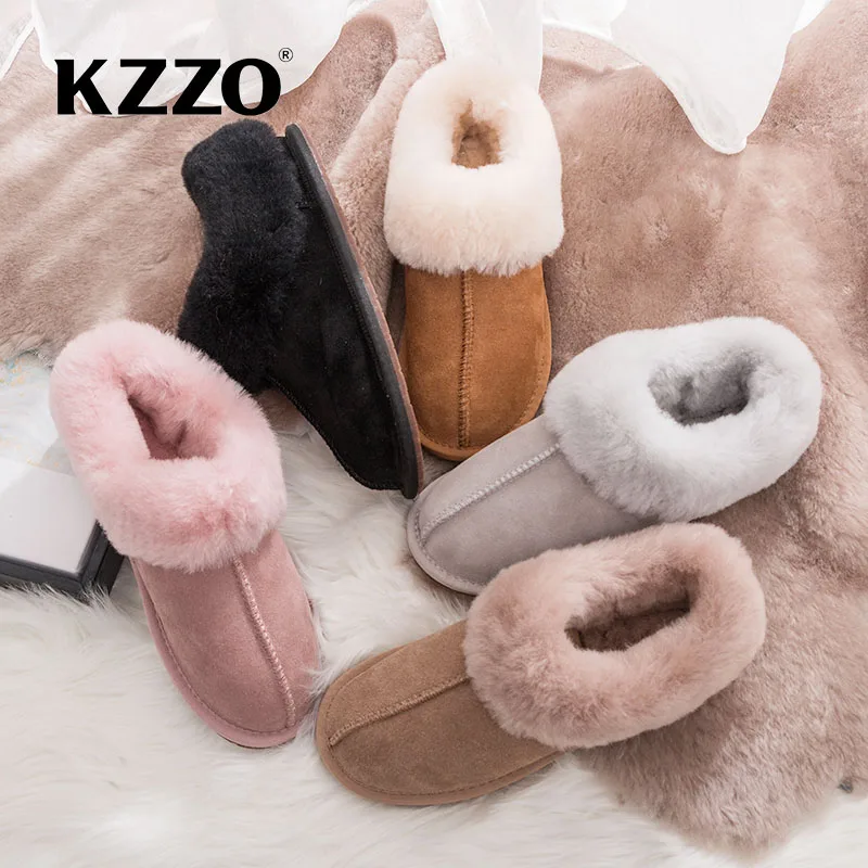KZZO New Arrive Natural Sheepskin Woman Casual Wool Slippers Winter Warm Sheep Fur Lined Non-slip Home Shoes Indoor Slippers 6