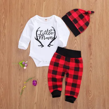 激安 幼児新生児 3 個カジュアル服スーツ長袖漫画手紙プリントロンパーストップ + チェック柄ロングパンツ + ビーニーキャップ 3 本セット