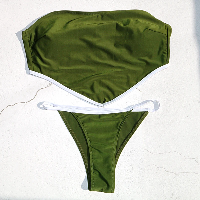 Комплект бикини для девочек, купальник бикини, женский купальник, без проволоки, для плавания, низкая талия, распродажа, с оборками, зеленый, с цветочным рисунком, в синюю полоску - Цвет: Зеленый