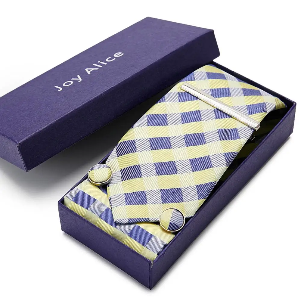 

Mens Ties Hankie Cufflinks Sets Neckwear 7.5 cm Yellow Blue Paisley Cravats Striped Necktie for Men Wedding Party Gift box