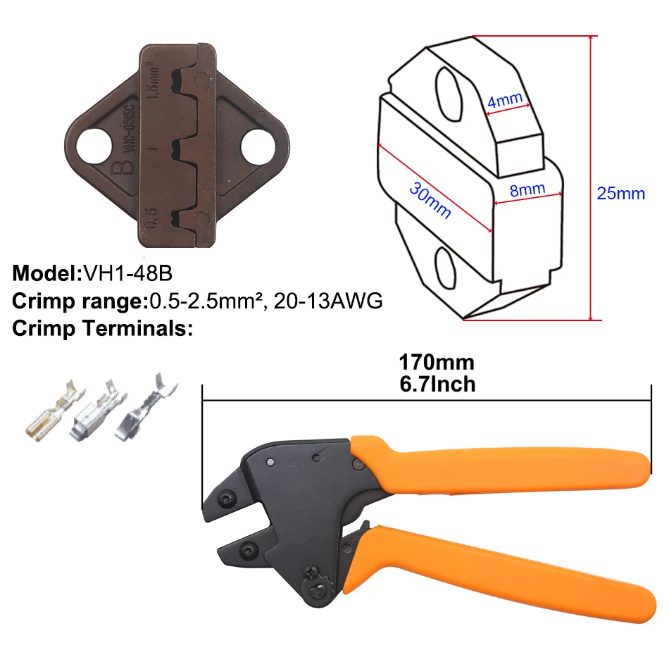 Обжимной инструмент, инструмент для обжима проволоки и сменные штампы для термоусадочных разъемов, неизолированные наконечники - Цвет: VH1-48B