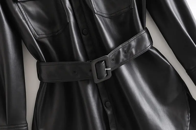 

2019 Autumn New Style Western Style Fold-down Collar Pocket Decorated with Belt Imitation Leather Jacket Coat