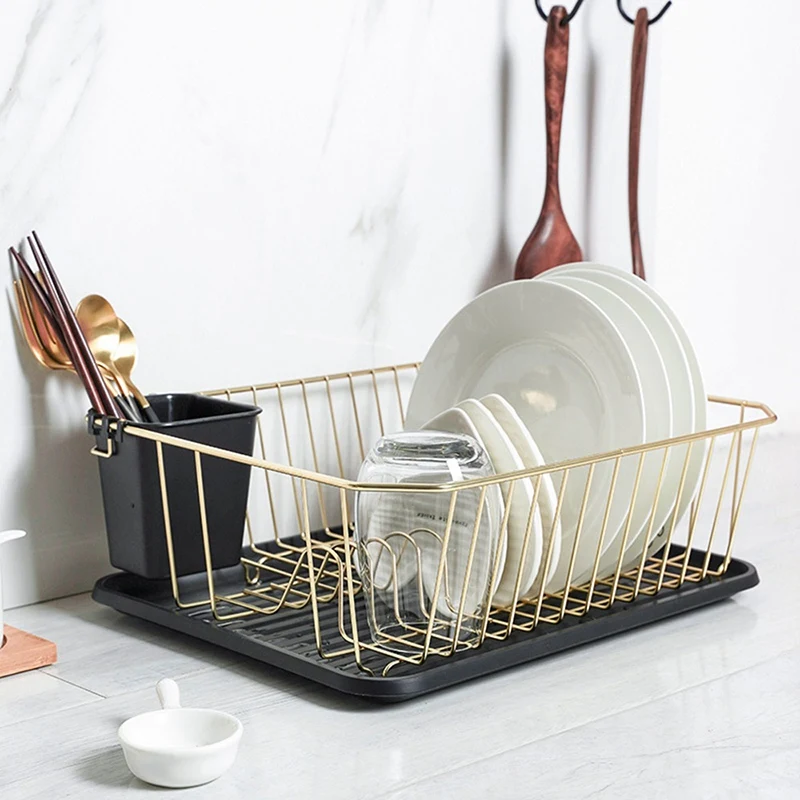 

Dish Drainer Drying Rack with Drip Tray Gold Wire Cutlery Dish Rack Stand Holder Shelf Kitchen Utensils Storage