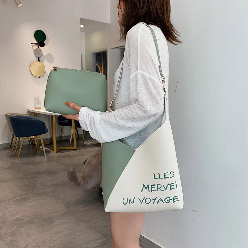 

Fashion stitching mother Tote bag new 2019 texture Korean contrast color simple handbag