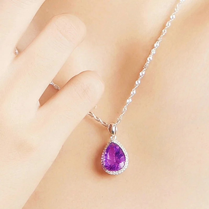 HuiSept Women Necklace 925 Silver Jewelry with Amethyst Zircon Gemstone Water Drop Shape Pendant for Wedding Party Gift Ornament