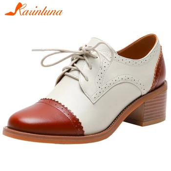 

Karinluna New Design 2020 Cow Leather British Style Mix Color Shoes Woman Pumps Female Lace Up Chunky Heels Office Lady Pumps