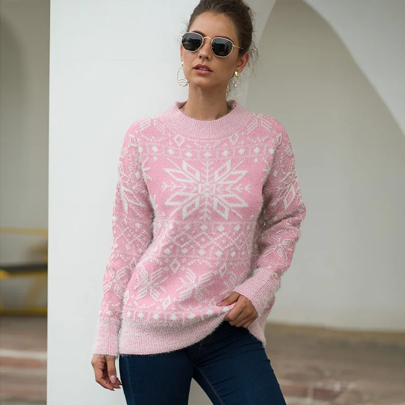 Женский Рождественский свитер, топы с длинными рукавами, пуловер с принтом, праздничная одежда, зимний женский свитер - Цвет: pink