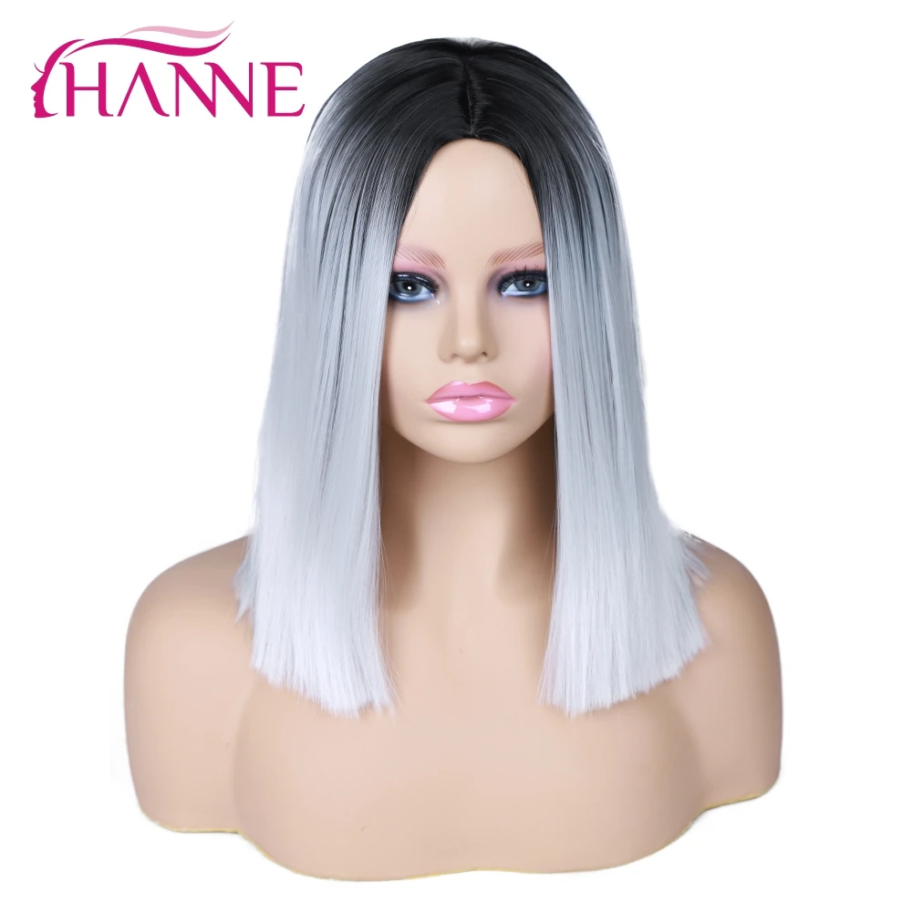 HANNE короткие прямые синтетические парики Омбре серый/Блонд/розовый/коричневый парики Высокая температура тканевые крылья для женщин - Цвет: 1B Grey