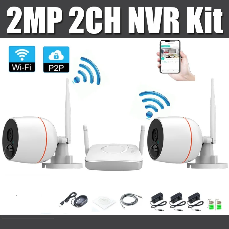 HD 1080P 2CH Беспроводной NVR комплект мини домашняя система безопасности H.264 WiFi Поддержка sd-карты слот IP66 Водонепроницаемая камера видеонаблюдения система набор