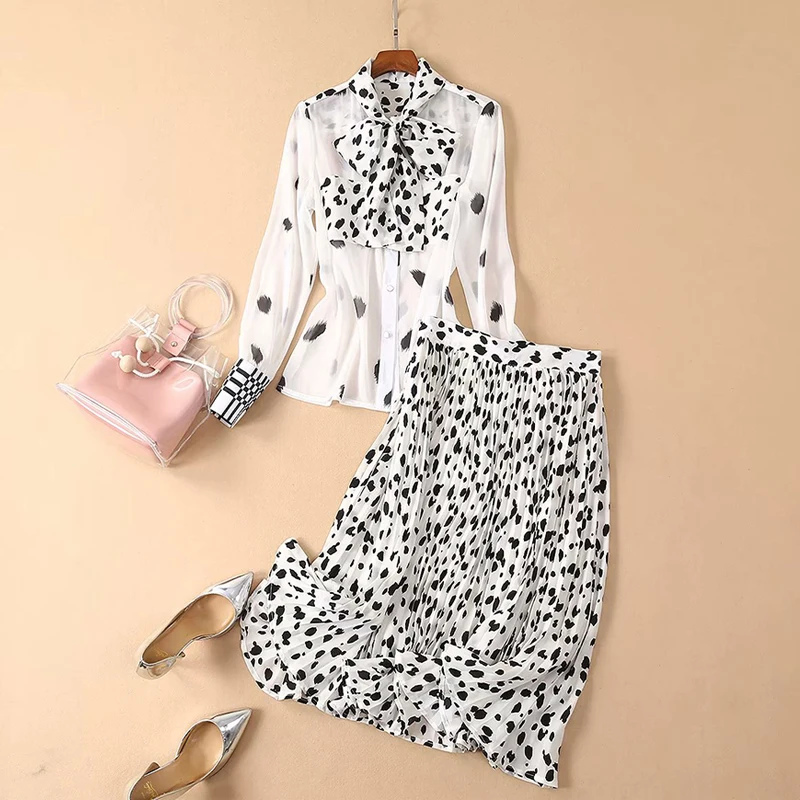 

VERDEJULIAY Runway Women Sets 2020 Spring Autumn New Fashion High Quality Bow White Blouse Top+Midi-Calf Skirt Dots Print Sets
