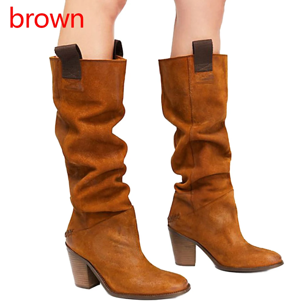 Adputent/женские ботинки; однотонные ботинки средней высоты на массивном квадратном каблуке; сезон осень-зима; Повседневная модная обувь - Цвет: Brown