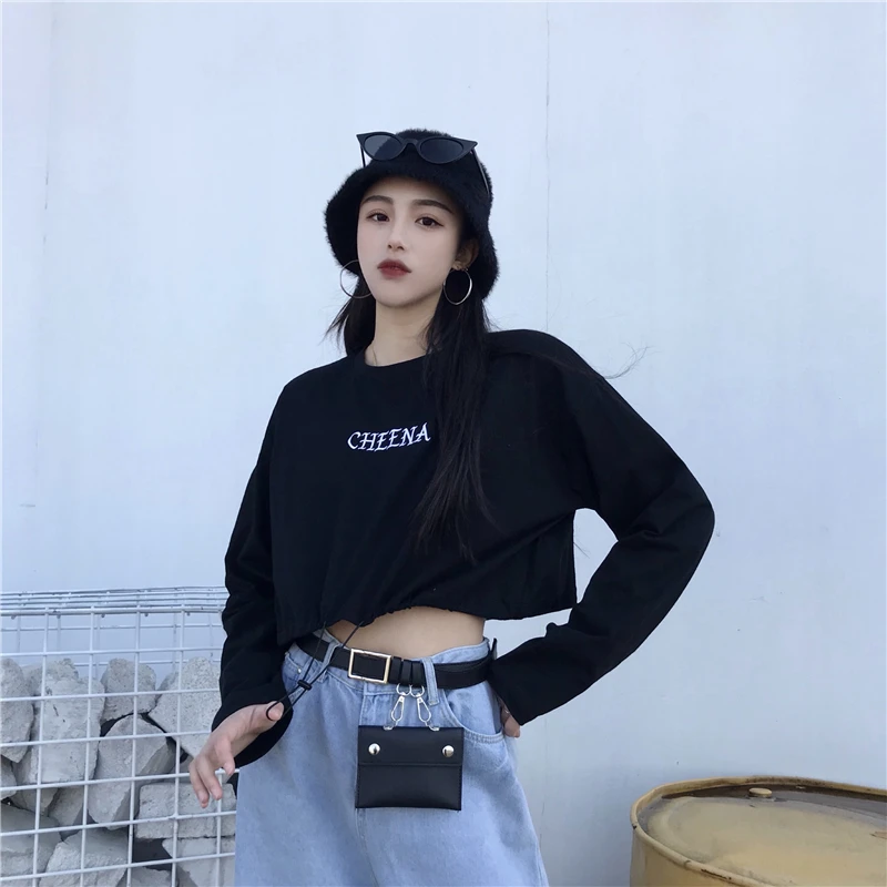 Черный Корейская Готическая Футболка с принтом Ulzzang, дропшиппинг, панк, Винтаж, harajuku, camisas, с буквенным принтом, одежда с длинным рукавом, топы, хип-хоп, женская футболка - Цвет: Черный