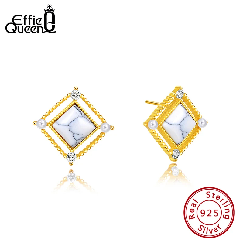 

Effie Queen Real S925 Stud Earrings Marble AAAA Zircon Square Earrings For Women Jewelry Gift BE177