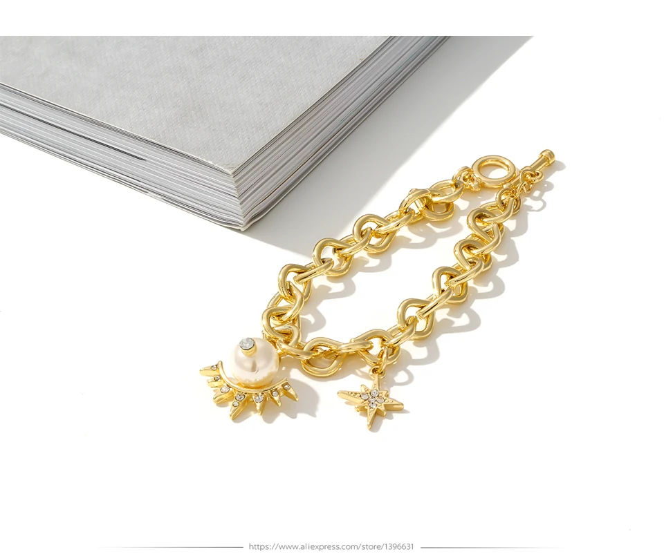 Yhpup Trendy Copper Gold Women Bracelet Rhinestone Imitation Pearls Bangle Moon Star Romantic Fashion Jewelry Accessories Gold