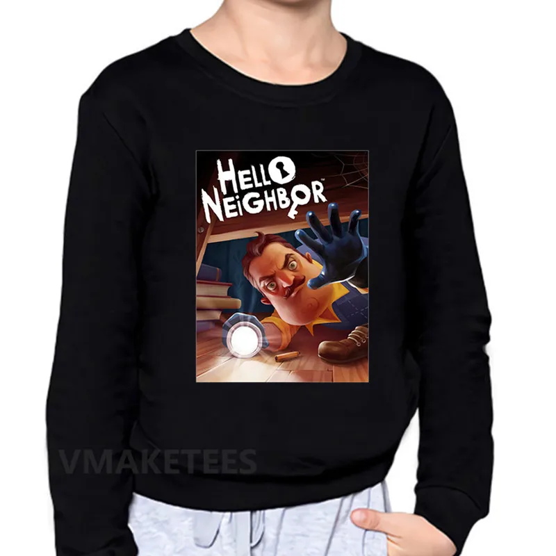 Веселая детская игра, толстовки с героями мультфильмов «Hello neigher» хлопковая толстовка для мальчиков и девочек детские осенние Топы, одежда для малышей KYT5225 - Цвет: 5225A-Black
