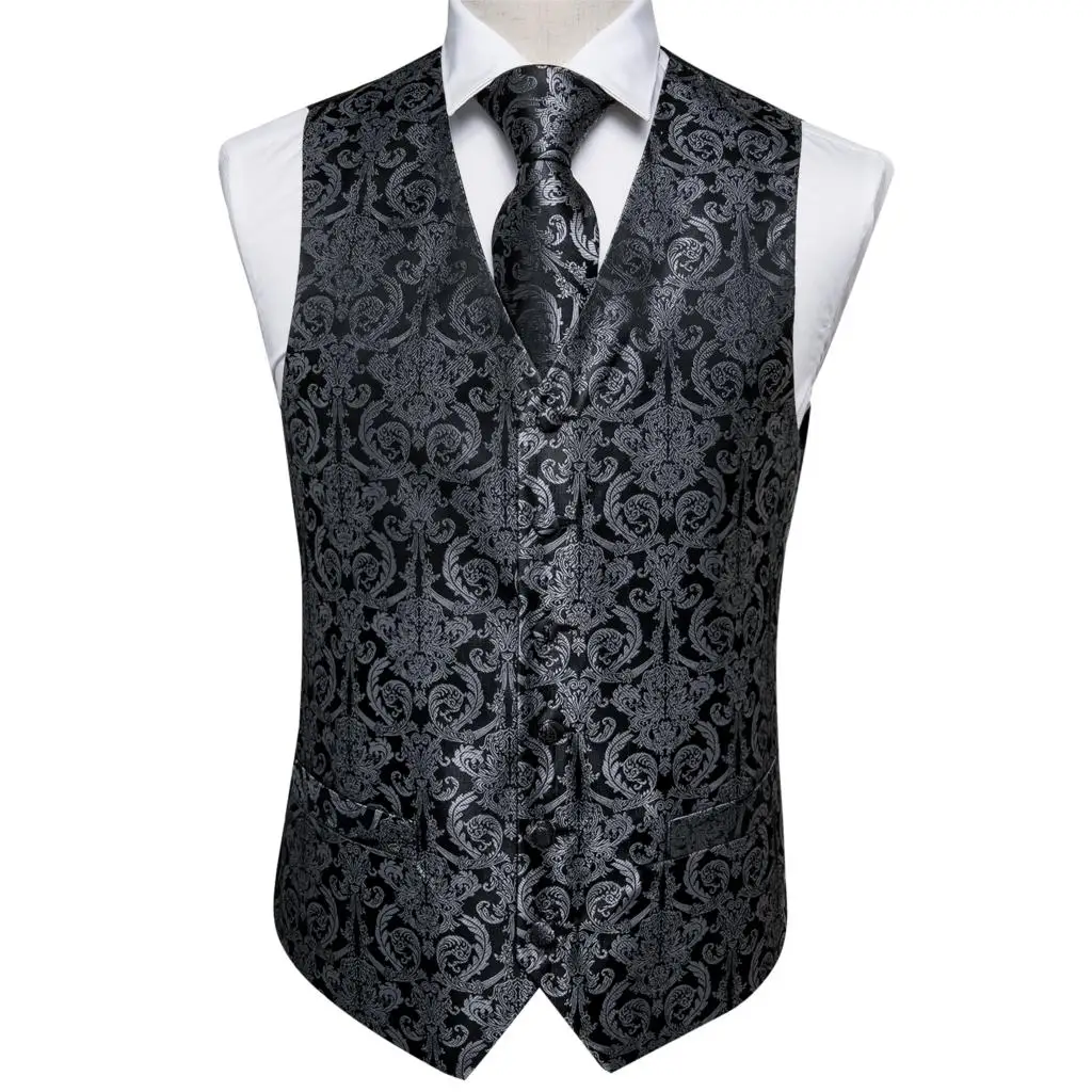 Жилет для мужчин черный костюм жилет Цветочный жилет приталенный смокинг Пейсли галстук набор запонки подарок для свадьбы бизнес Hi-Tie VE-0011