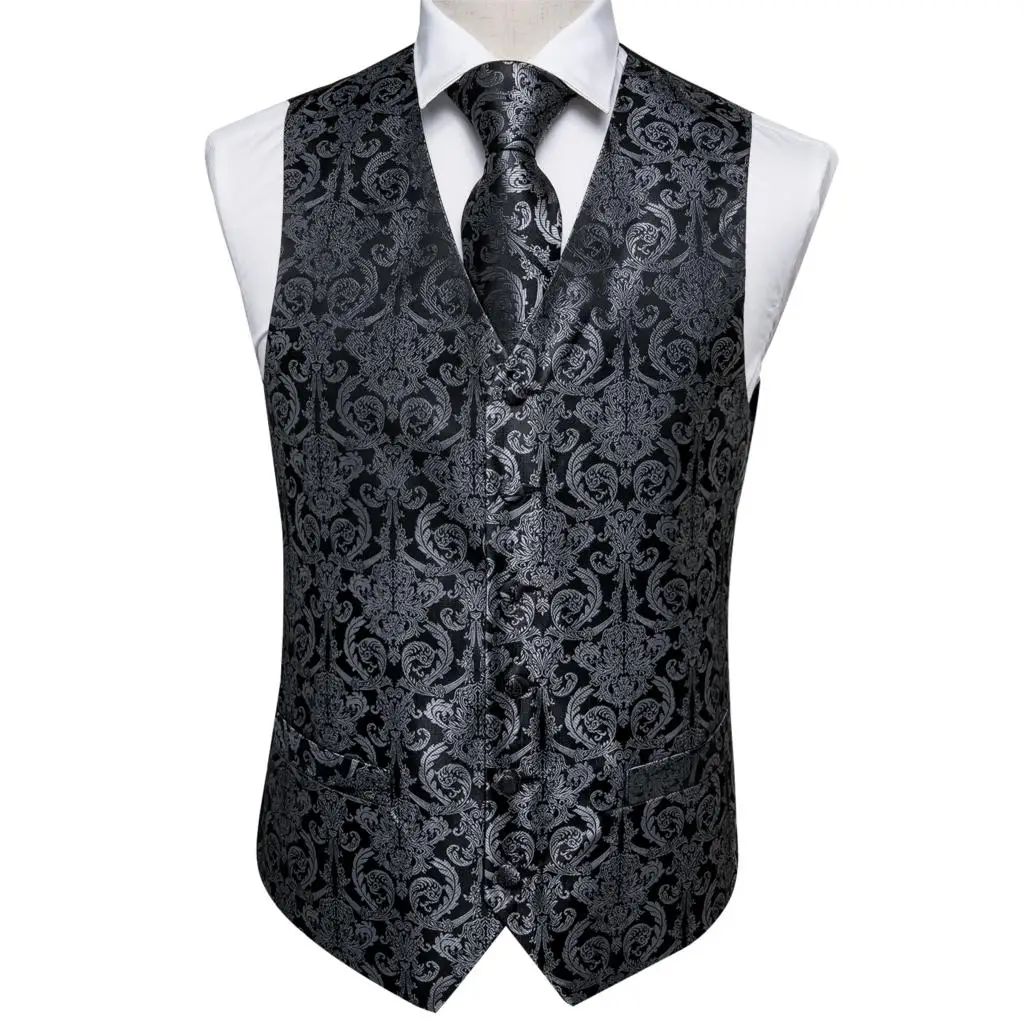 Vest for Men Black Suit Vest Floral Waistcoat Slim-Fit Tuxedo Paisley Tie Set Cufflinks Gift for Wedding Business Hi-Tie VE-0011