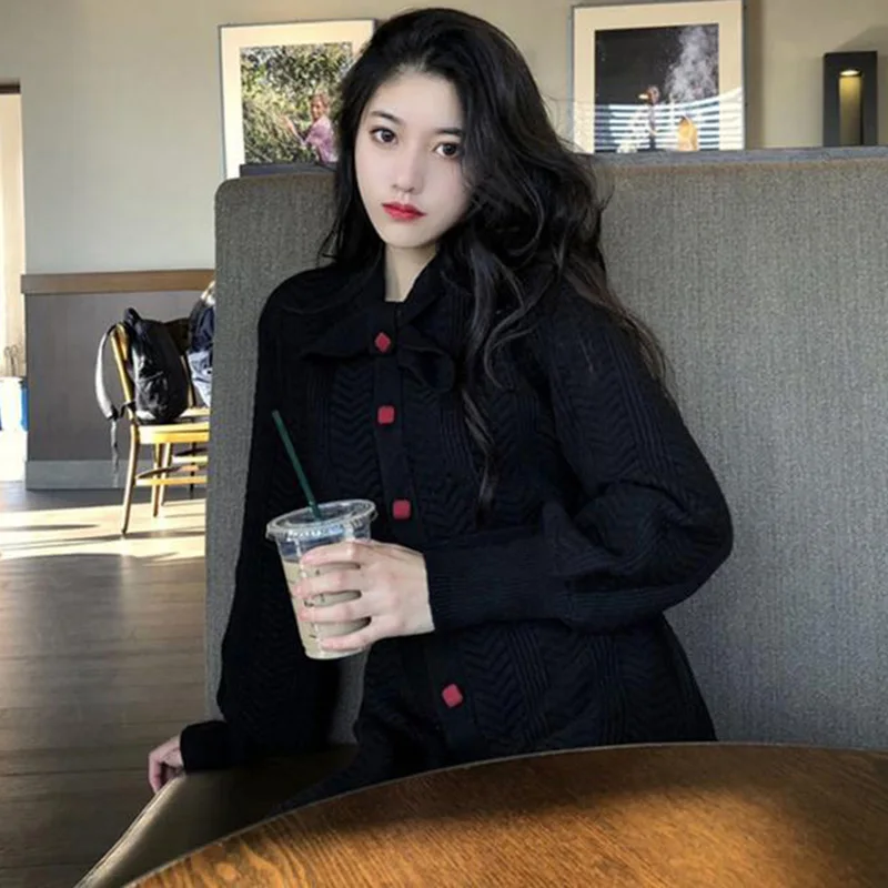 New Fashion Women Knit Cardigan Dress Bow Long Sleeve Button Dress Split Casual Dresses J9