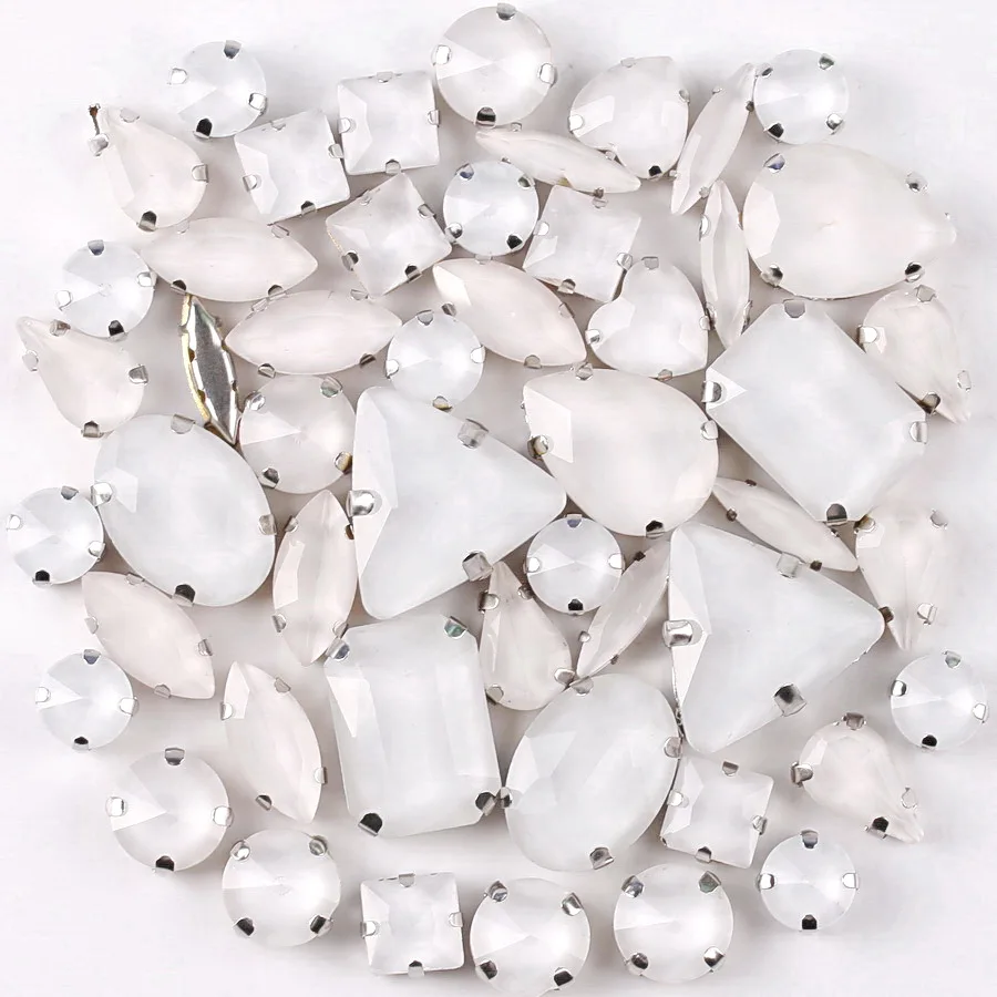 Silberne Krallenfassungen, 50 Stück/Beutel, verschiedene Formen, Jelly Candy Weiß, Glaskristall zum Aufnähen, Strass für Hochzeitskleider, Schuhe, Taschen, DIY