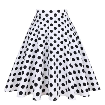 

White Women Summer Casual Skirt Retro Vintage Polka Dot Floral Printed Aline Pleated Rockabilly Skirts High Waist Cotton Vestido