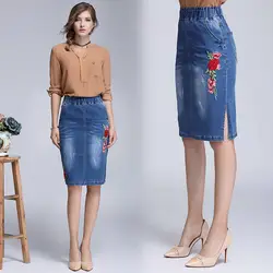 Большой размер бедра посылка юбки летние женские джинсовые юбки носить ягодицы эластичный пояс вышитые цветочные джинсовые юбки женские 670