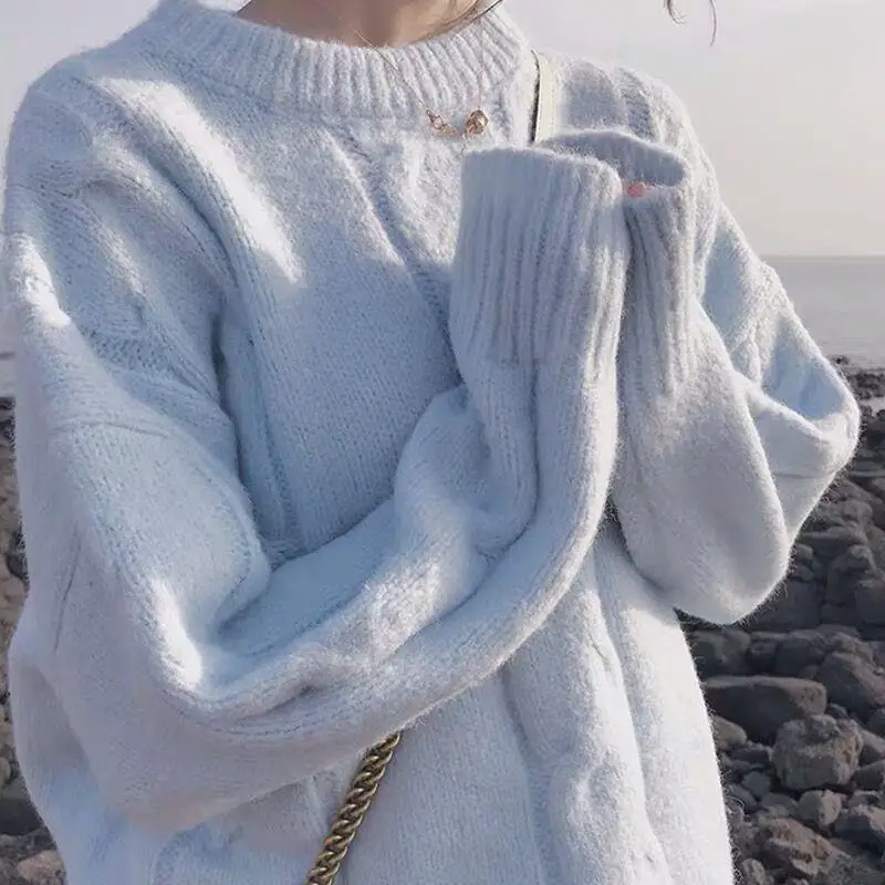 

Two-piece Soft Milk Blue Japanese Sweater Women's Loose Outer Wear Pullover Lazy New Autumn and Winter Korean Round Neck Top