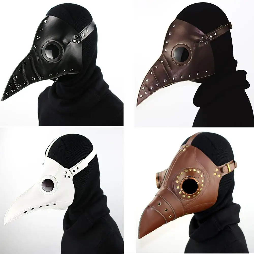 

2020 steampunk neutral plague doctor bird mask long nose black costume mask halloween black white leather cosplay gothic mask