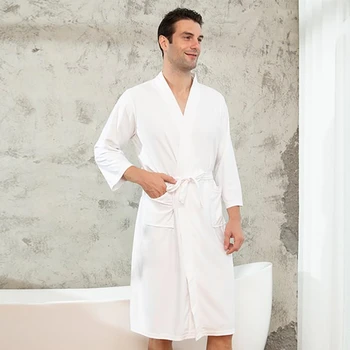 

Men Waffle Bathrobe Sleepwear Soft Nightwear Kimono Gown 2020 Autumn New Intimate Lingerie Lovers Nightgown Home Clothes