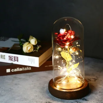 

24K Gold Foil Artificial Rose Flower LED Light String In Glass Dome On Wooden Base Romantic Valentine's Day Gift For Men Women