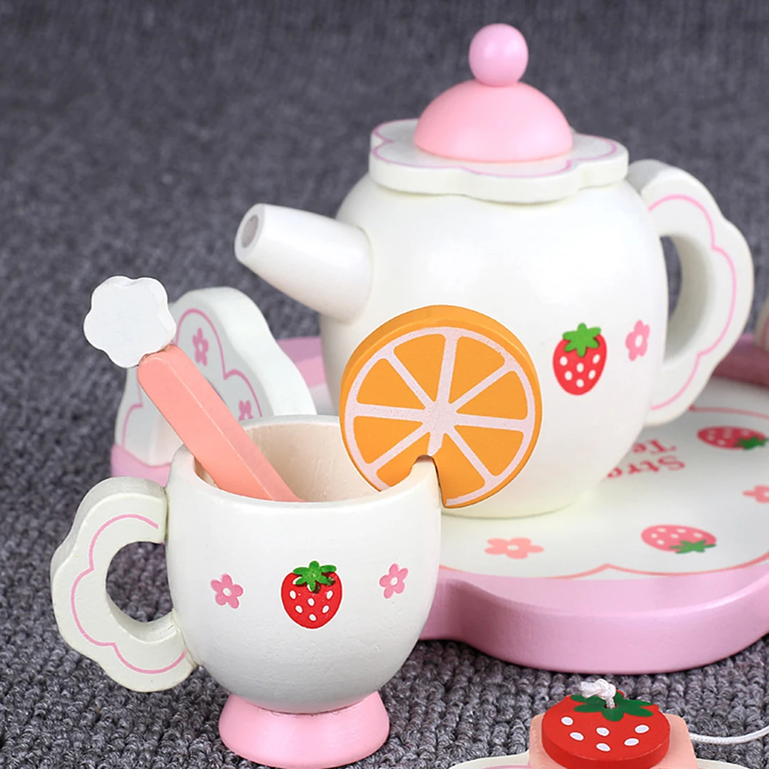 14pcs Children Wooden Pretend Play Teapot Set Dishes Wishes Dinnerware Toy With Strawberry Pattern Educational Toy- White Lemon