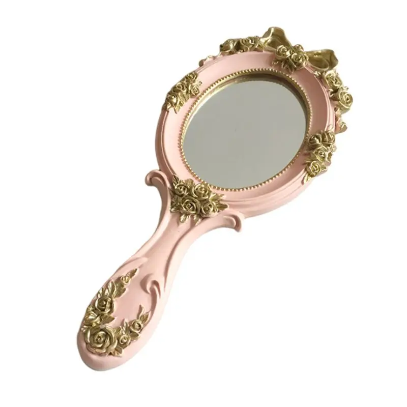 European Palace Style Vintage Handheld Roses Mirror Princess Women Girls Oval Vanity Makeup Cosmetic Tool with Anti-Slip Handle