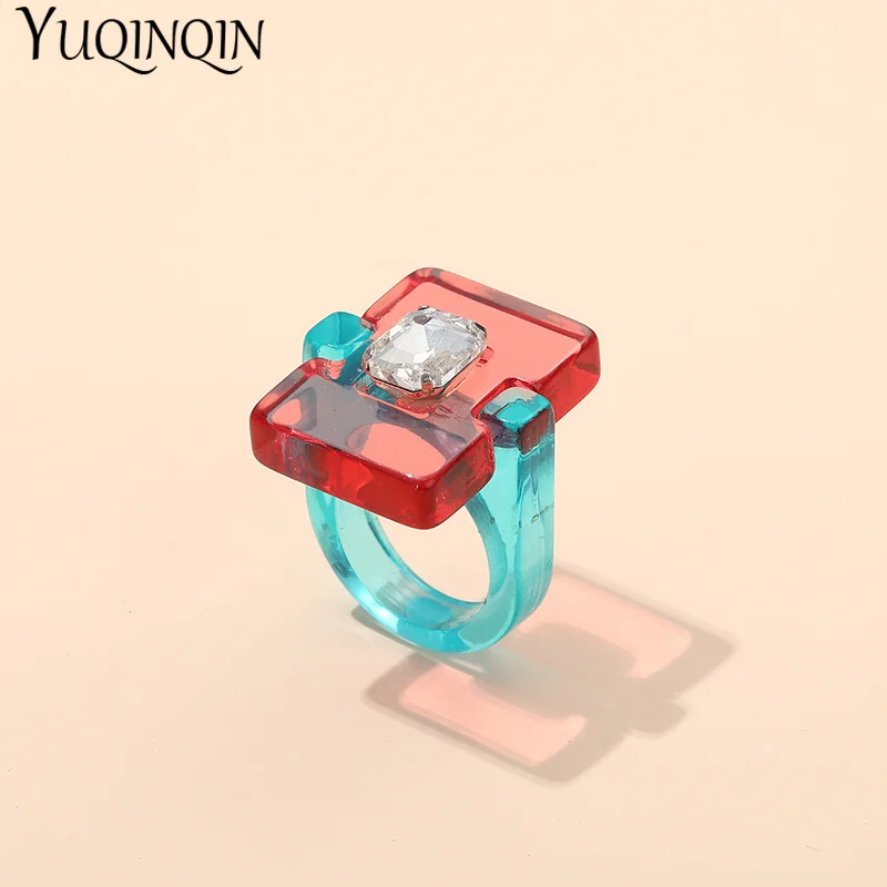 Girls Finger Rings Resin Rhinestone Crystal Punk Geometric Square Big Rings for Women Fashion Jewelry Party Gifts