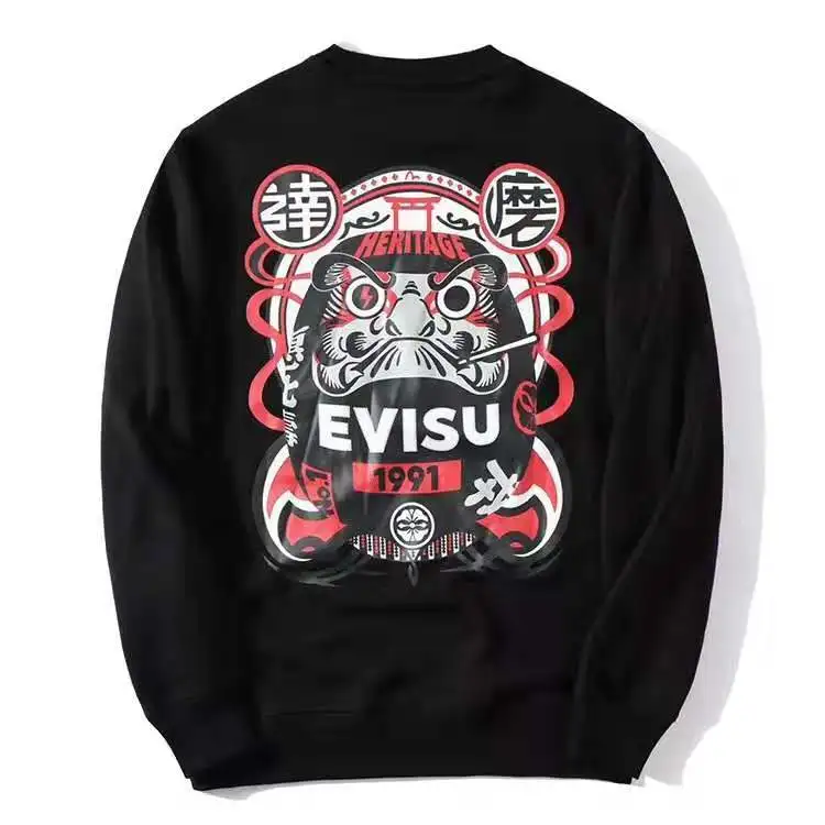 Аутентичный осенне-зимний мужской Повседневный свитер Evisu теплый дышащий Модный хлопковый черный с длинными рукавами для мужчин и женщин одежда для влюбленных