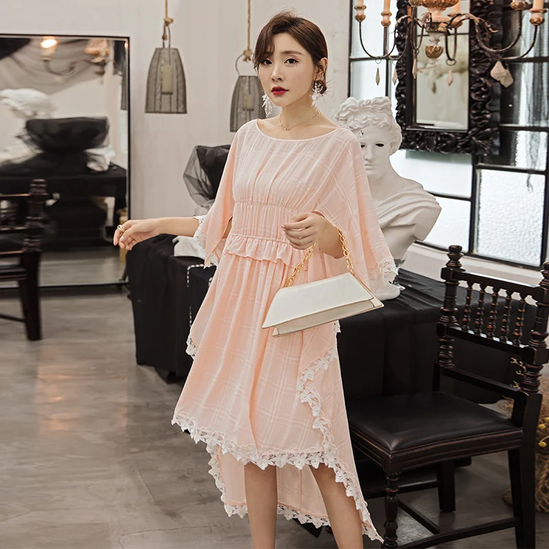 

YIGELILA Summer Pink Dress longer in the rear Floral Dress Women O-neck Batwing Sleeves A-line Dress 65104