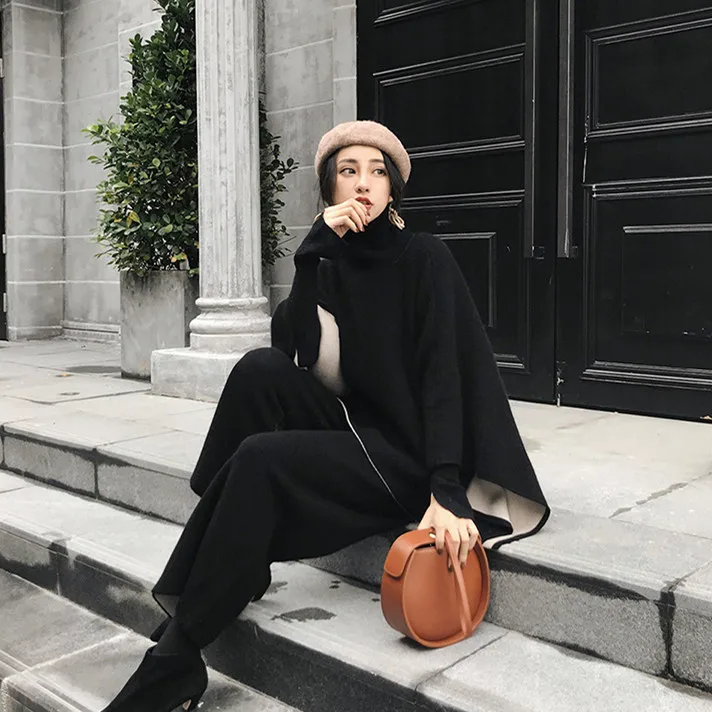 Женский комплект из 2 предметов трикотажный пуловер с накидкой и брюки высокой