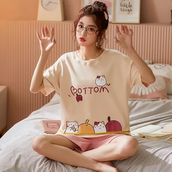 

Summer Women's Pajamas Set Sleep Set Cute Cat Pattern Sleepwear Round Neck Nightwear Fashion Short Pijama Cartoon Femme Pyjama