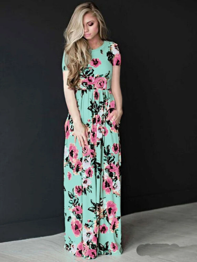 Autumn summer women dress Long short sleeve maxi dress women floor length white print floral ladies casual dress vestidos LD718 (17)