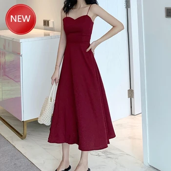 

Long Dress Sexy Backless Women Korean Chic Solid Color Gorgeous Spaghetti Strap Dress Summer Red Simple Elegant Vestidos Mujer