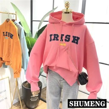 

Spring All-match Embroidered Letter Short Terry Cotton Hoodie Korean Women Loose Casual Hooded Sweatshirt Simple Hoodie Students