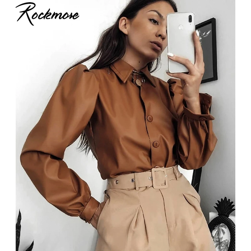 Rockmore длинная винтажная блузка с пышными рукавами женская рубашка из искусственной кожи с отложным воротником и пуговицами осенние коричневые повседневные блузки Топы