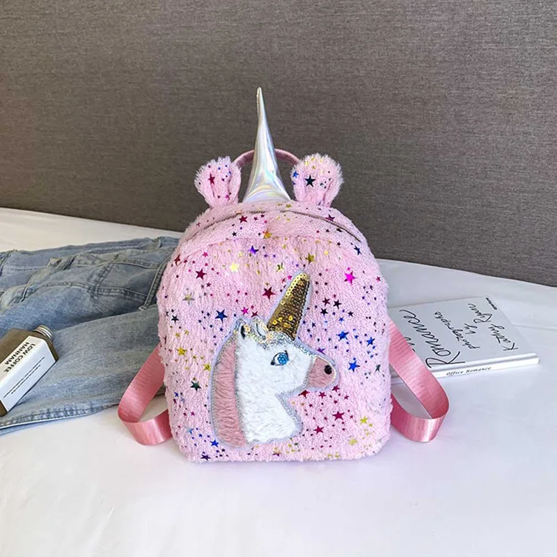 Розовый Рюкзак с единорогом Kawaii пушистые рюкзаки плюшевые сумки для девочек детей - Цвет: Розовый