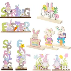 Easter Spring Decoration Wooden Rabbit Letter Printing Crafts Ornament Easter Desktop Decor Bunny Carrot Welcome Sign for Home