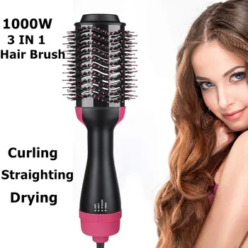 

3 In 1 One Step Hair Dryer & Volumizer Salon Hot Air Paddle Styling Brush Negative Ion Generator Hair Straightener Curler